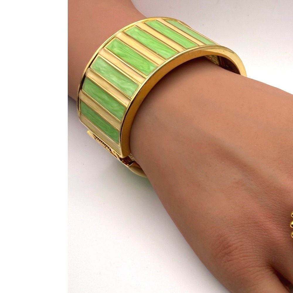 Vintage Style Green Gold Enamel Striped Hinged Cuff Bracelet Gold Tone Wide